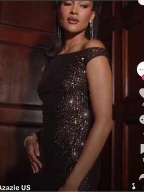 Azazie Copper Sequin Midi Dress with Cowl Neckline